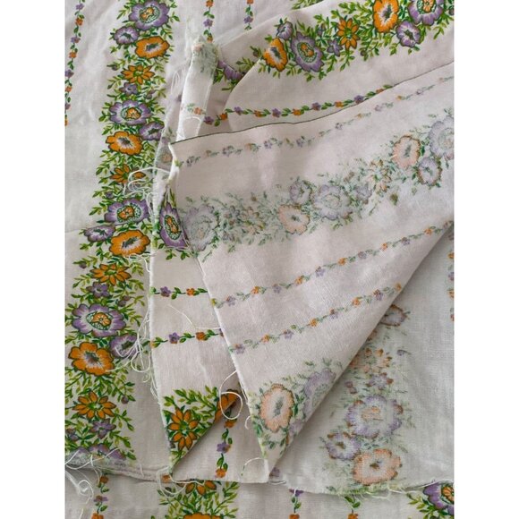 Fabric Purple Orange Floral Stripes White Ivory Quilting Sewing Remnants Art VTG - Picture 3 of 13
